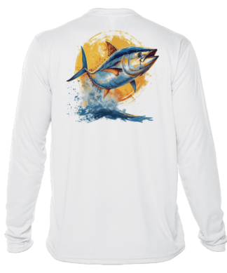 A white long sleeve UV shirt with an image of a tuna.