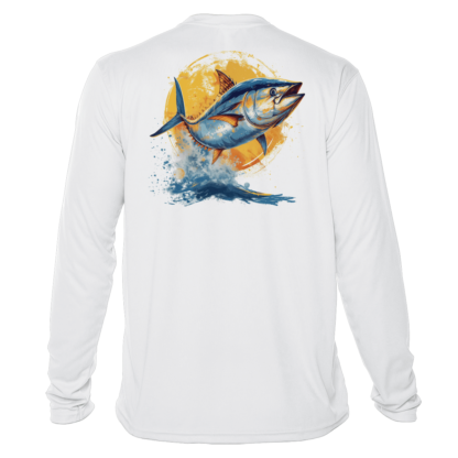 A white long sleeve UV shirt with an image of a tuna.