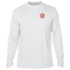 Men's white long sleeve UV shirt with an orange logo.