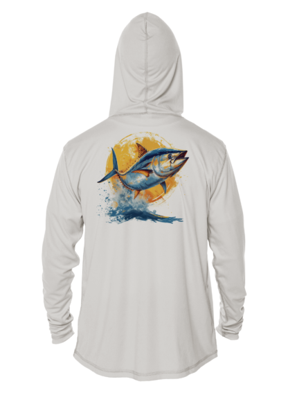 A Fishing Shirt Outfitters - Angler's Collection: Yellowfin Tuna - UPF 50+ Hoodie with an image of a tuna, perfect for fishing enthusiasts.