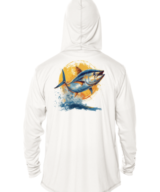 A white hoodie with an image of a tuna, perfect for fishing enthusiasts.