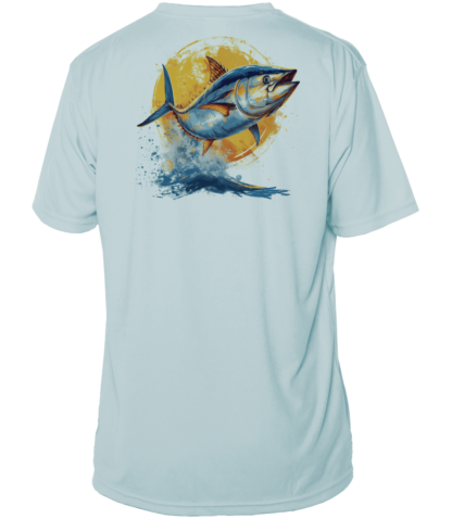 A men's light blue performance shirt with an image of a tuna.