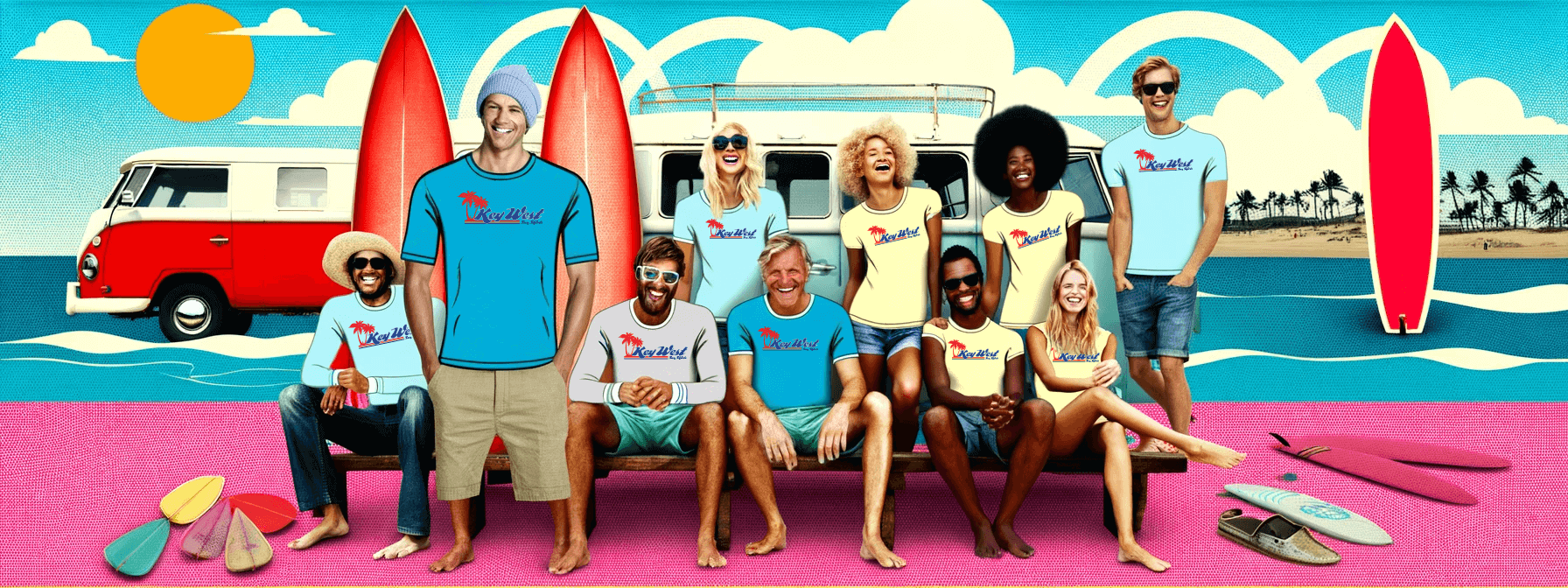 A group of people sitting on a bench with surfboards.