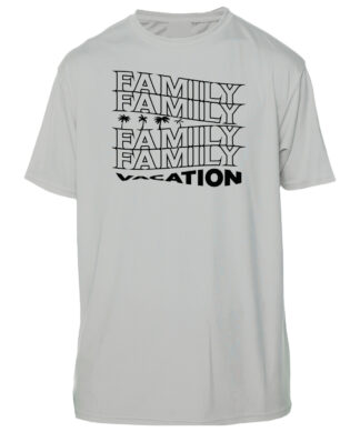 White family vacation sun shirt with "Family" and "Vacation" text, UPF 50+ protection.