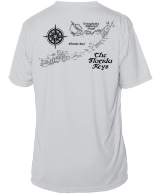 White Key West Sun Shirt with Florida Keys map and UPF 50+ protection.