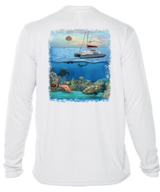 Bright white long sleeve UPF 50+ sun shirt featuring a colorful snorkeling boat scene. Perfect for b.