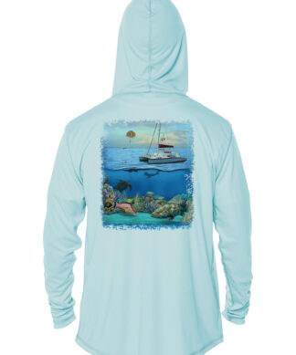 UPF 50+ sun protection hoodie with Key West snorkeling scene print, perfect for beach and water acti.