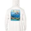 Sun protection hoodie with Key West snorkeling scene, UPF 50+ fabric, white, XS size.