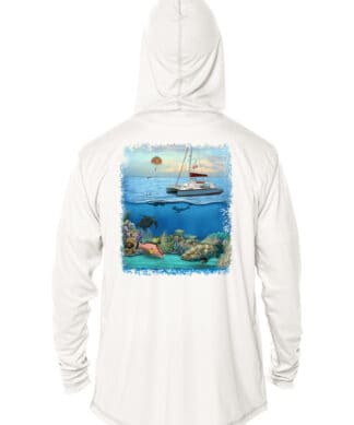 Sun protection hoodie with Key West snorkeling scene, UPF 50+ fabric, white, XS size.