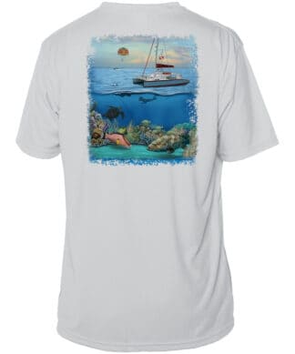 Sun Shirts with snorkeling and sailing scene, UPF 50+ protection, Pearl Grey, XS. Perfect for beach.