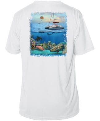 Sun protection UPF 50+ short sleeve shirt with Key West snorkeling scene. Perfect for beach days and.