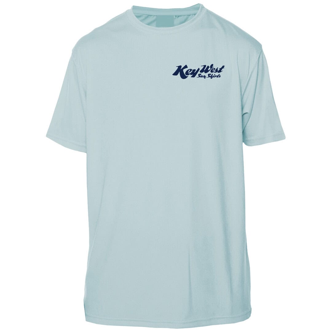 Light blue Key West Sun Shirts logo T-shirt for beach and casual wear.