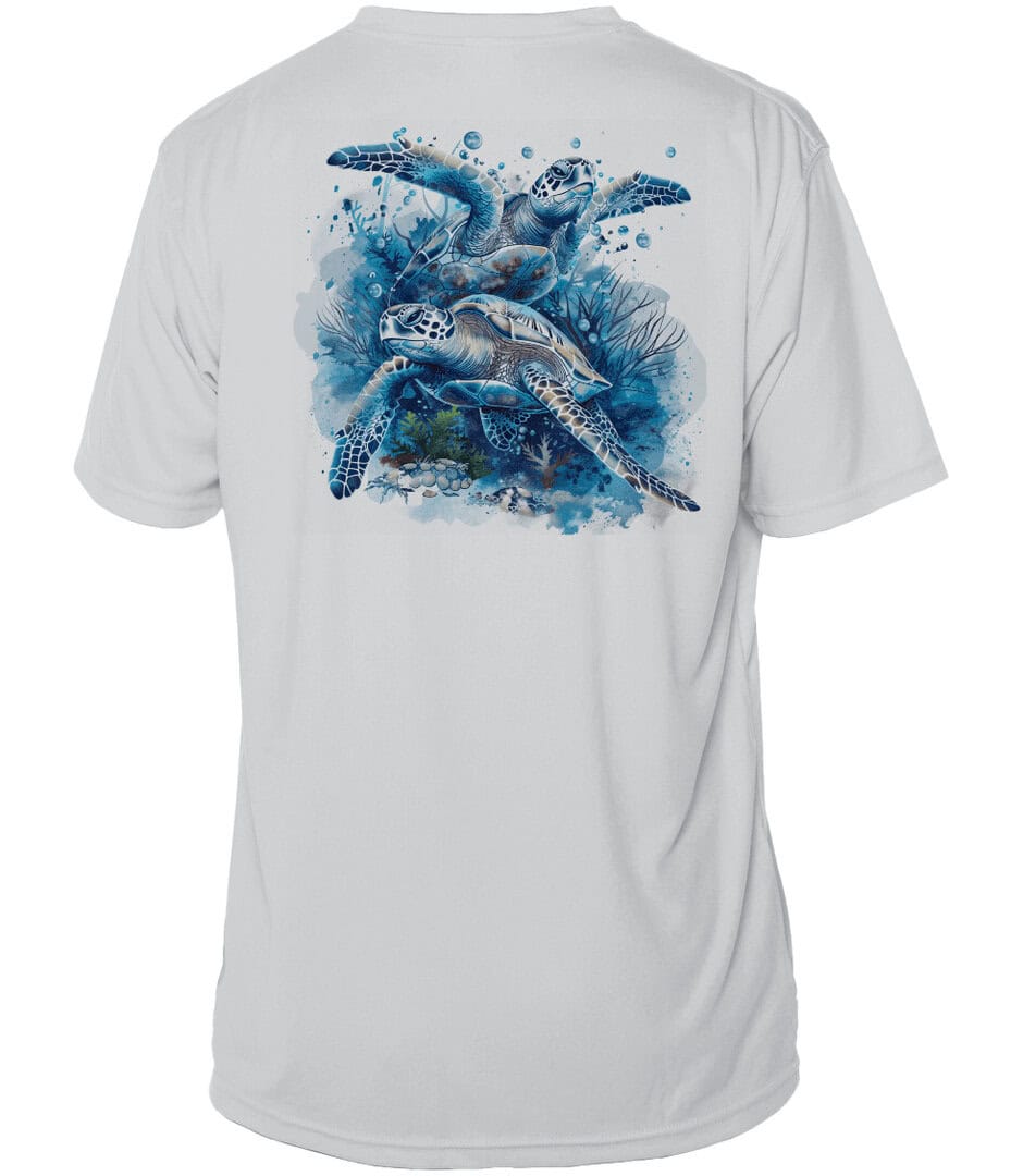 White short sleeve sun shirt with blue sea turtle graphic, UPF 50+ protection.