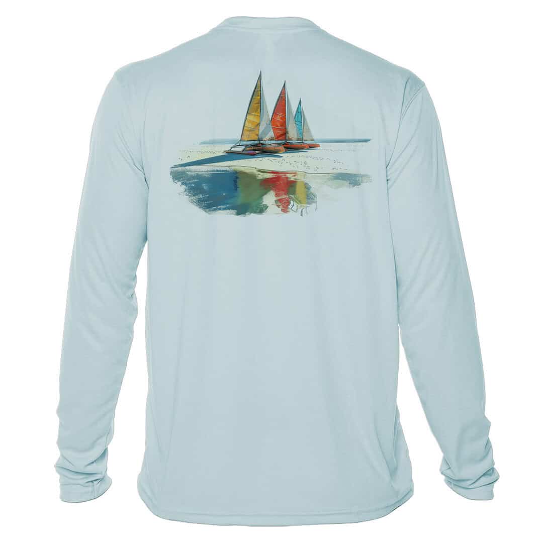 UPF 50+ long sleeve sailing shirt with sailboats print, perfect for sun protection and beach outings.