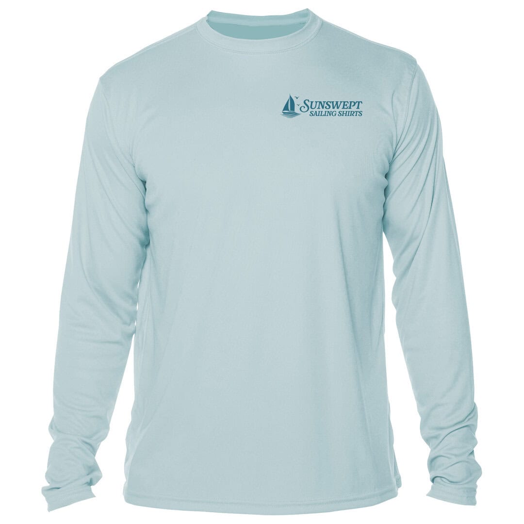Light blue SunSwept sailing shirt with logo, long sleeves, casual wear.