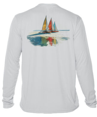 Long sleeve UPF 50+ sailing shirt with sailboat print in Pearl Grey.