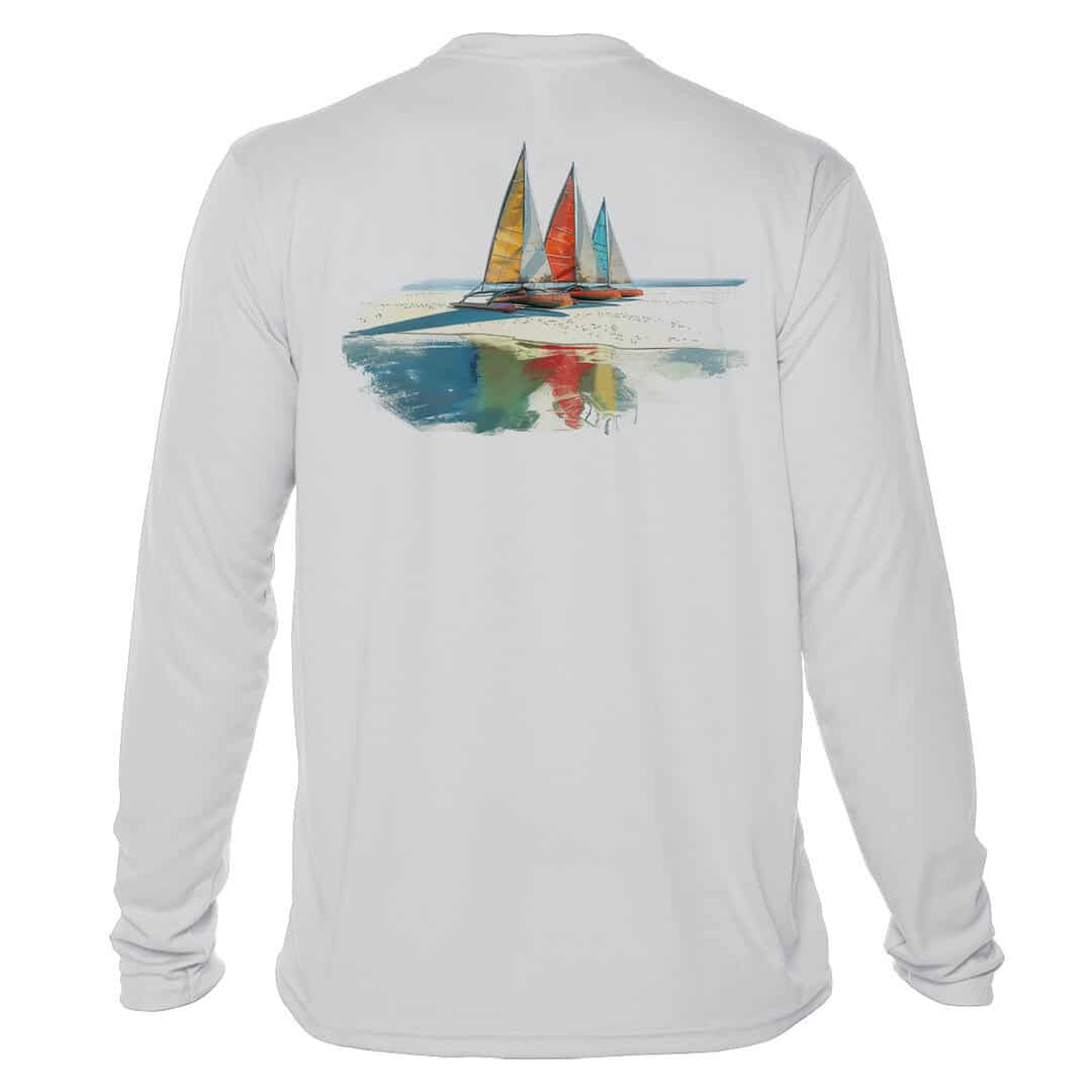 Long sleeve UPF 50+ sailing shirt with sailboat print in Pearl Grey.