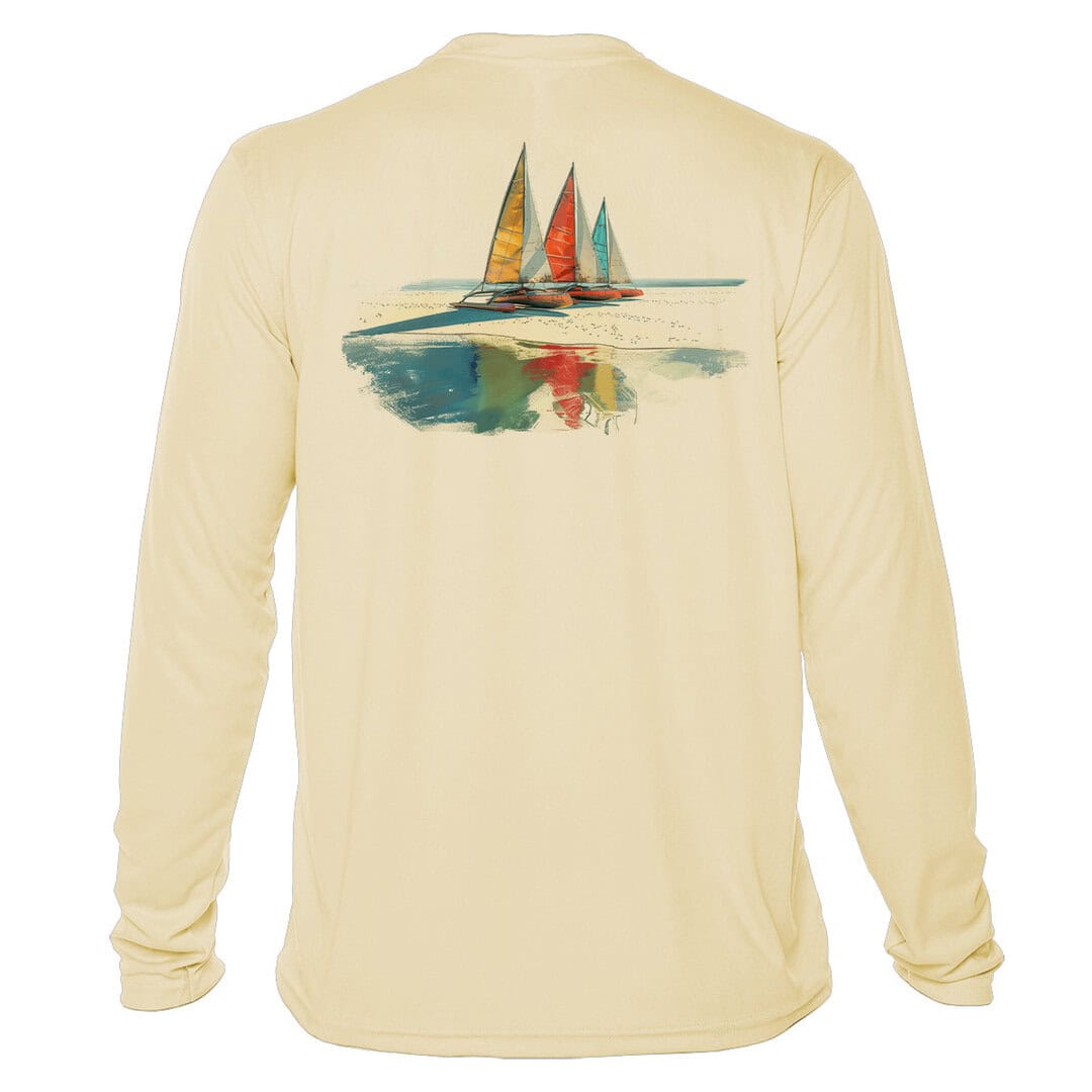 UPF 50+ long sleeve sun shirt with sailboat print, perfect for beach and sailing activities.