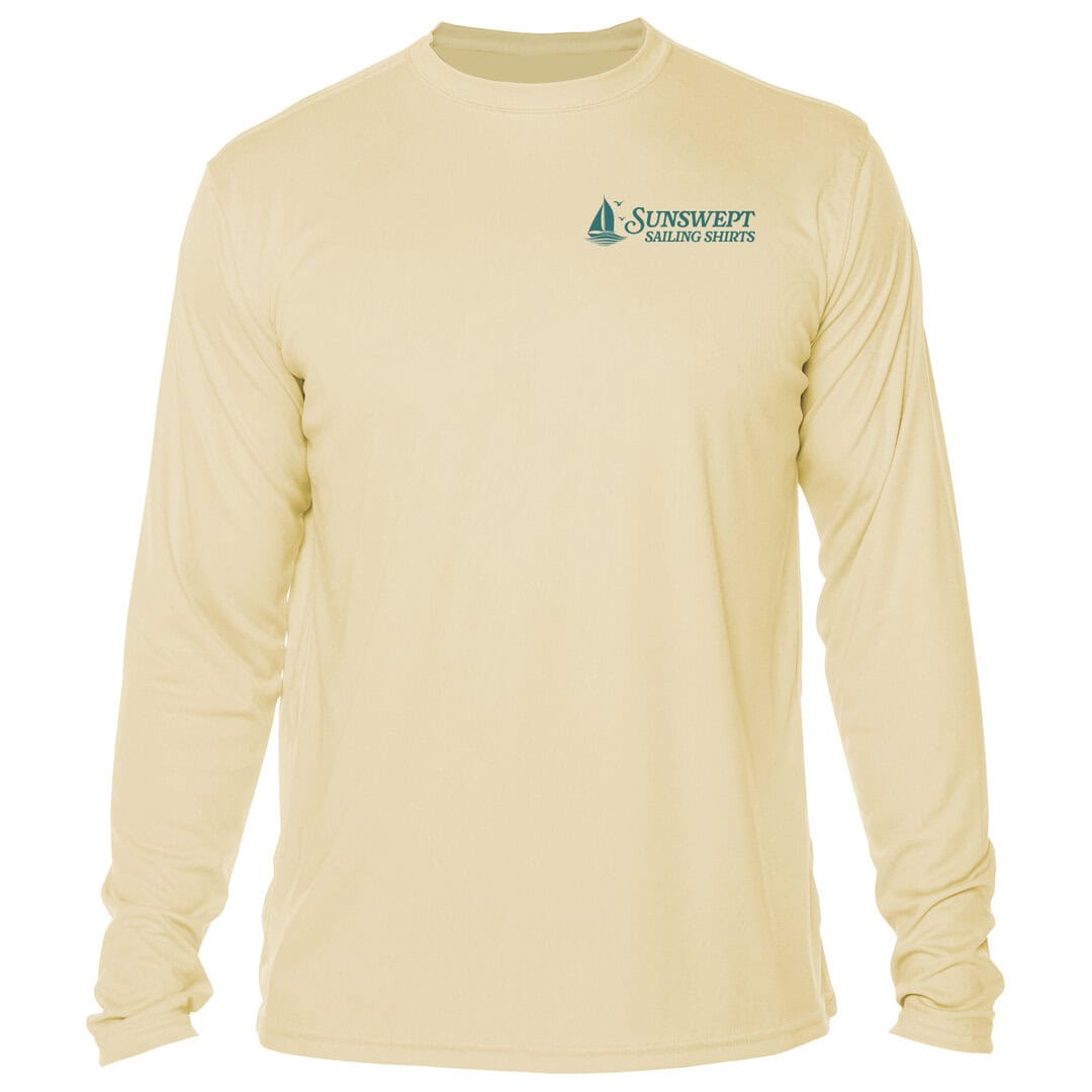 Long-sleeve sun protection shirt with Sunset Sailing logo, perfect for beach and sailing.