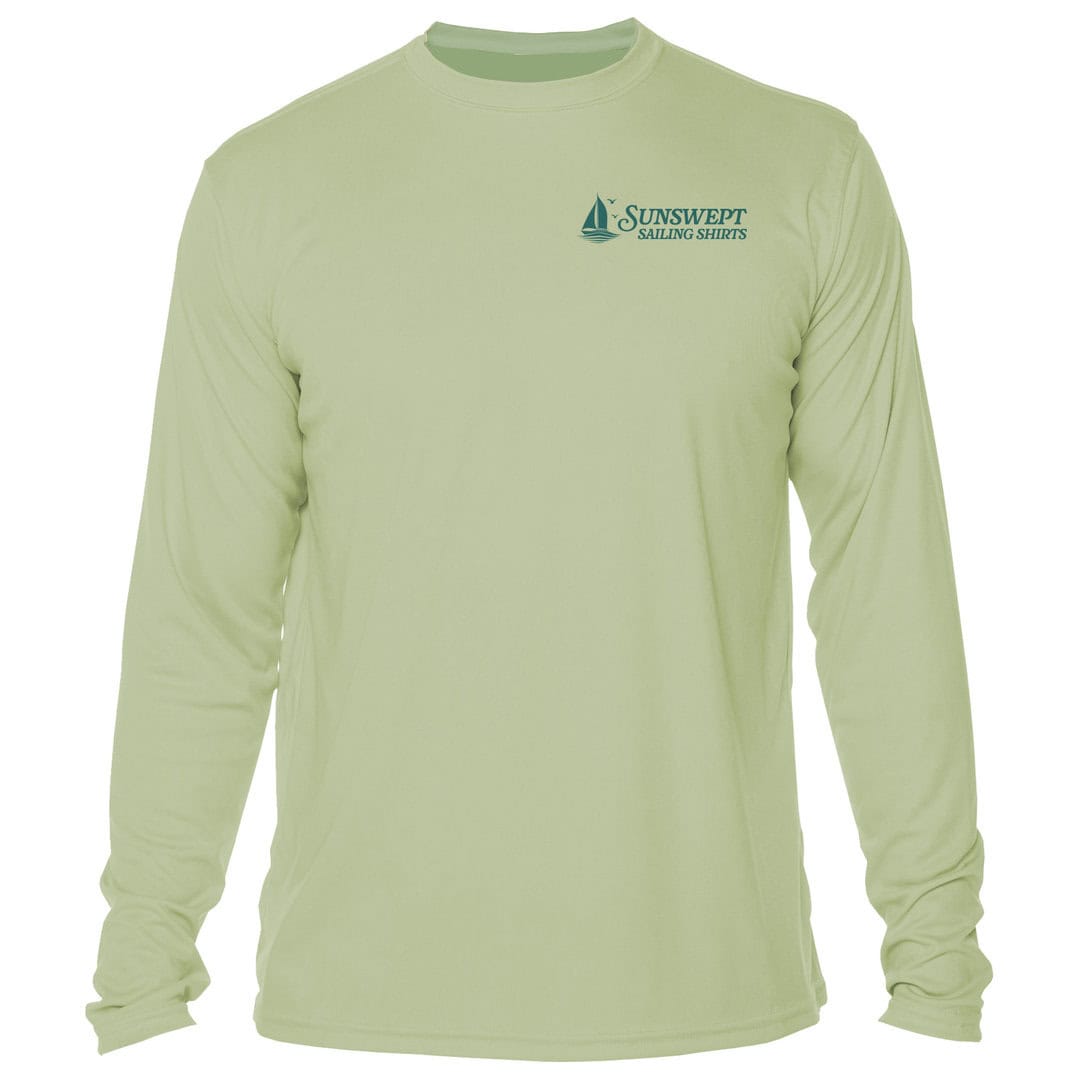 Light green long-sleeve sailing shirt with Sunset Sailing logo.