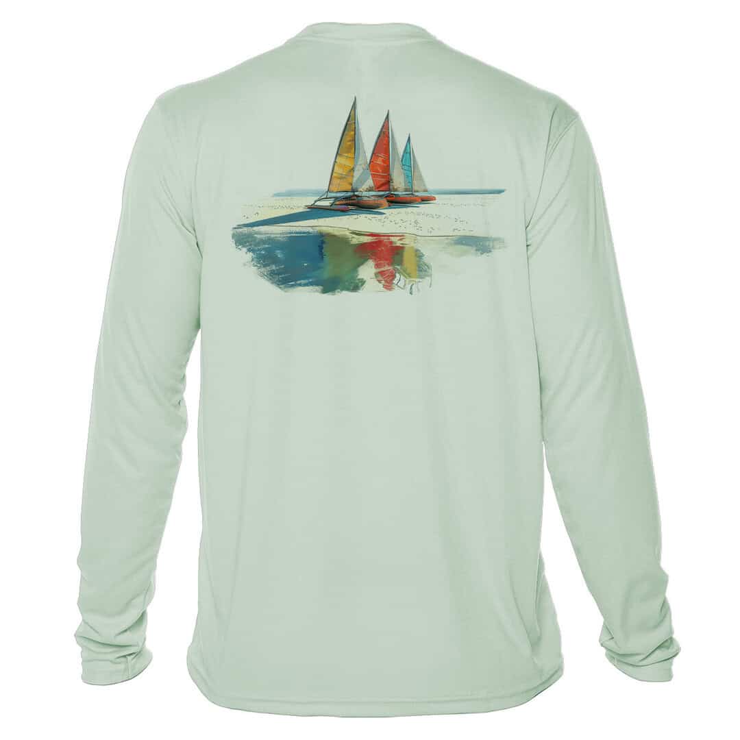 UPF 50+ Long Sleeve Sailing Shirt with Beachside Sailboats.
