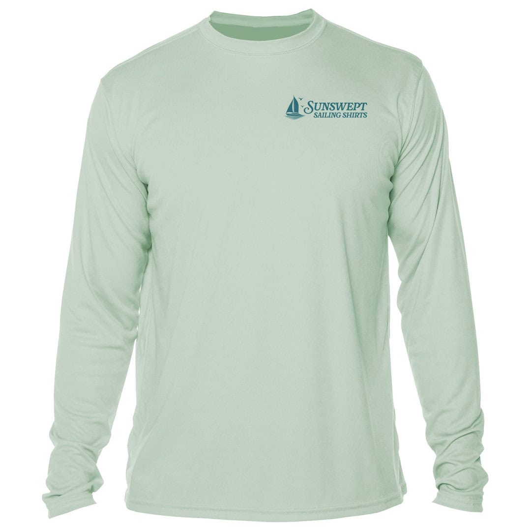 Light green Sunswept sailing sun shirt with logo on chest.