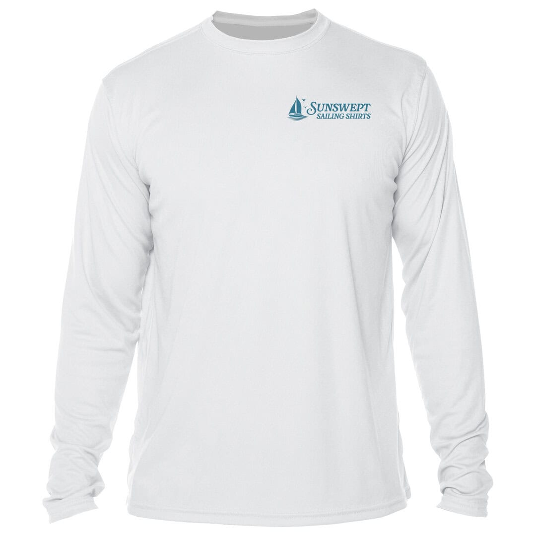 White long sleeve sun shirt with Sunswept Sailing Shirts logo for sun protection.