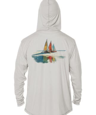 Sunswept Sailing Shirts with sailboat print, UPF 50+ hoodie, Pearl Grey, XS.