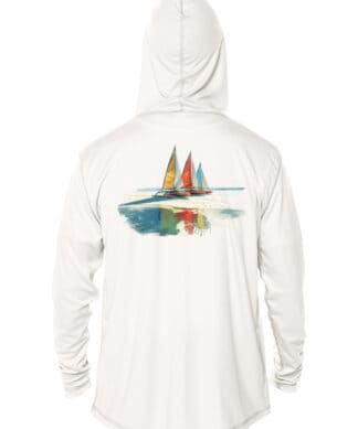 UPF 50+ sun protection hoodie with sailboat graphic, perfect for beach and sailing adventures.
