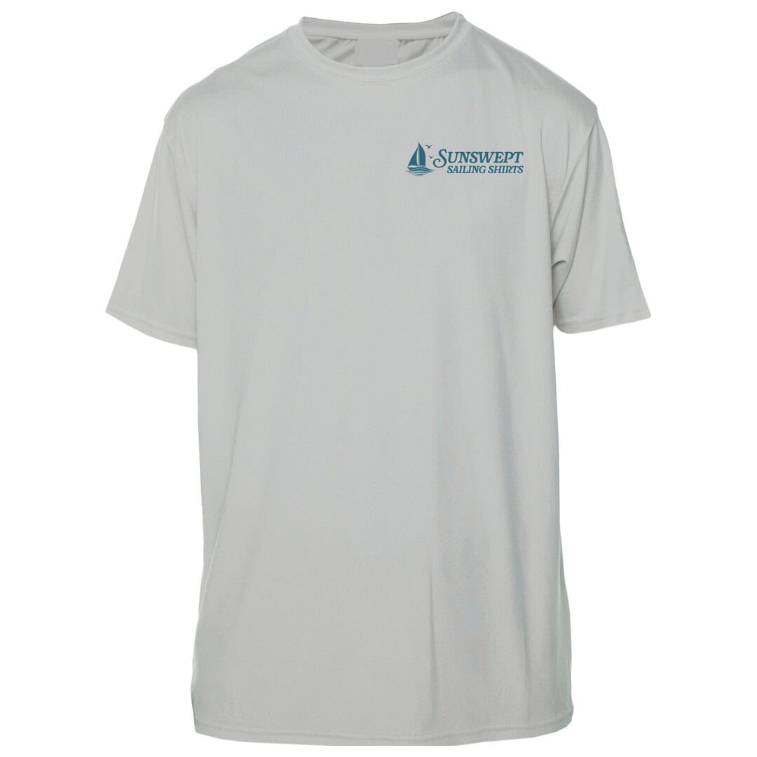 White sailing shirt with "Sunswept Sailing Shirts" logo, perfect for beach and boat outings.