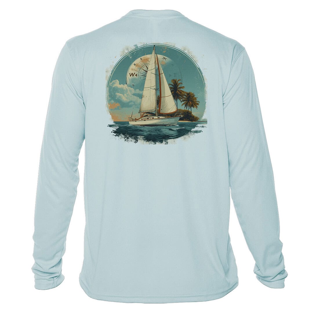 Sunswept sailing shirt with UPF 50+ protection, featuring a sailboat and island design in Arctic Blu.