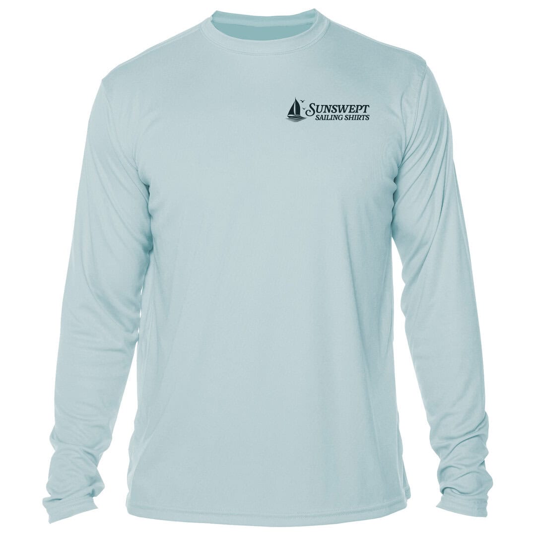 Sunswept Sailing Shirts logo on light blue long-sleeve sun shirt, perfect for outdoor activities.