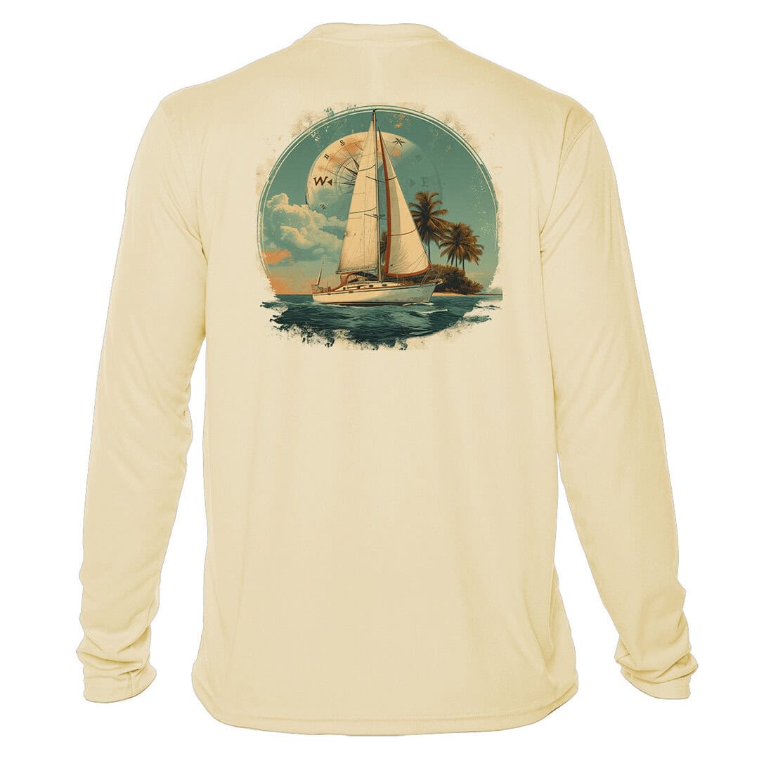 Sunswept sailing shirt with sailboat and island design, UPF 50+ sun protection, long sleeves, perfec.