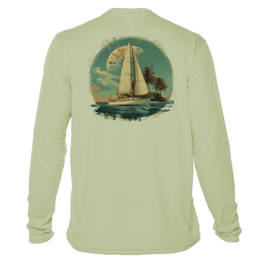 UPF 50+ sun protection sailing shirt with sailboat and island graphic, perfect for beach and sailing.