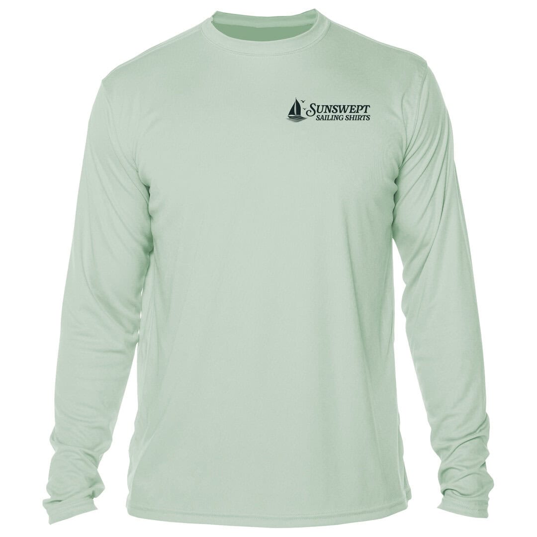 Light green SunSwept sailing shirt with logo, long sleeves, casual style.