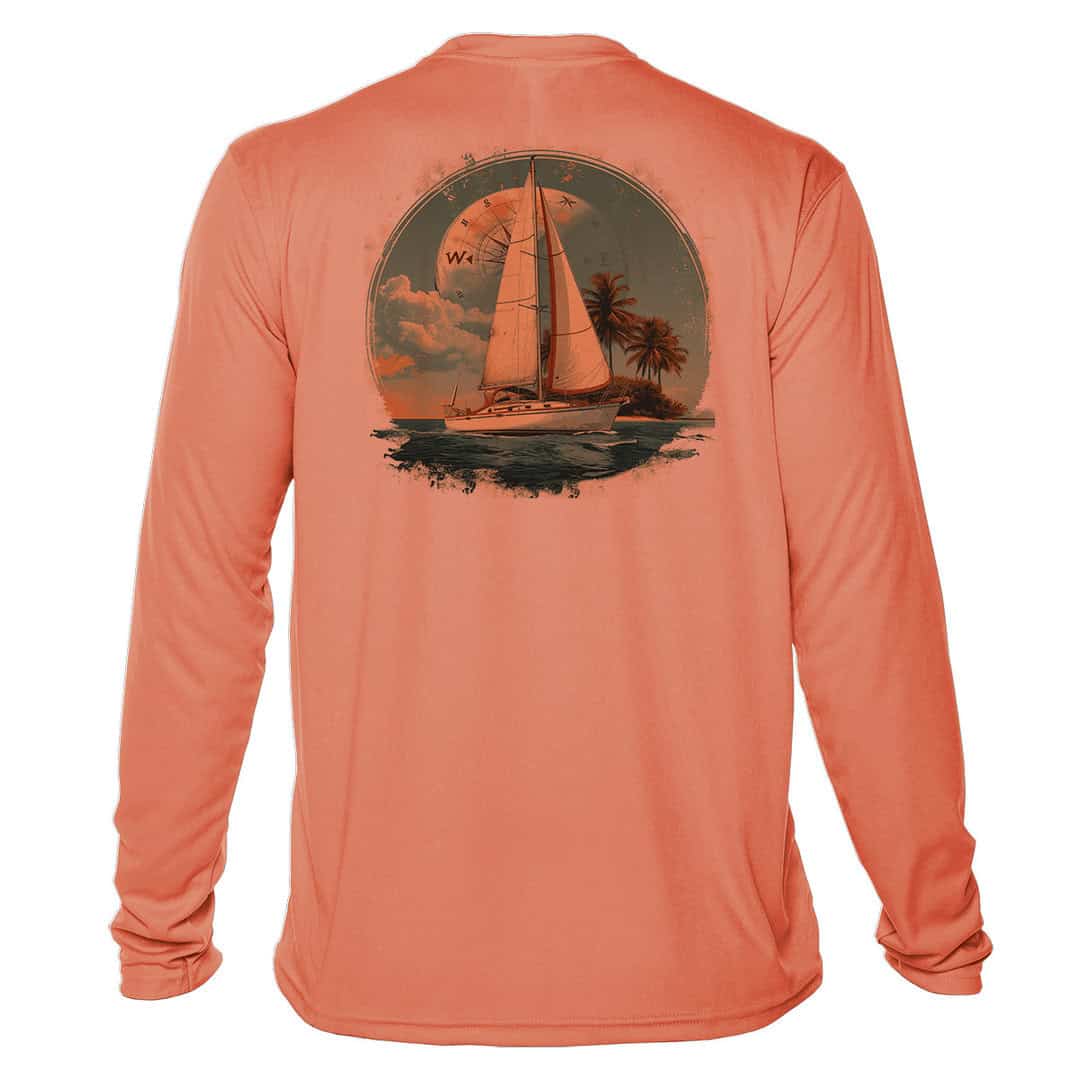 Bright salmon long sleeve UPF 50+ sailing shirt with sailboat design.