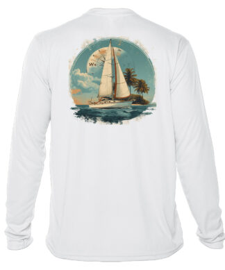 Sunswept sailing shirt with UPF 50+ protection, perfect for island sailing adventures and sun protec.