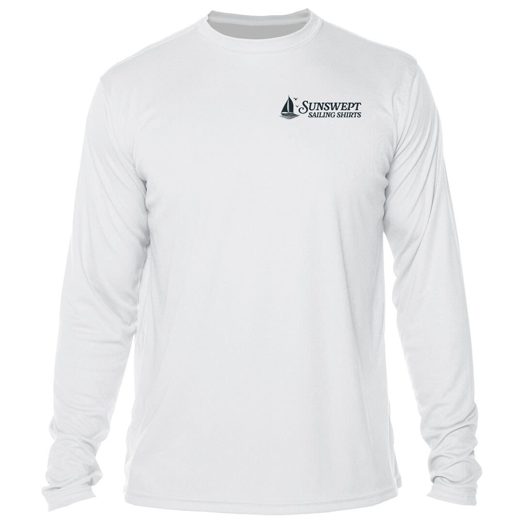 White Sunswept sailing shirt with logo, long sleeve, casual wear.