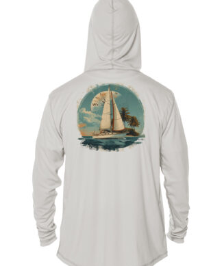 Sunswept sailing shirt with UPF 50+ protection, featuring a tropical sailboat design on a pearl grey.
