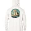 White UPF 50+ hoodie with sailboat and island graphic for sun protection.
