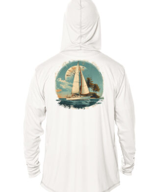 White UPF 50+ hoodie with sailboat and island graphic for sun protection.