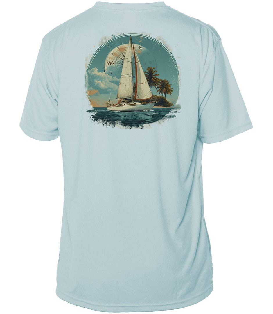 Arctic Blue sailing shirt with sailboat and palm trees design, UPF 50+ sun protection.