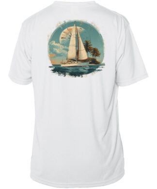 Sunswept sailing shirt with sailboat graphic, perfect for island sailing adventures and sun protecti.