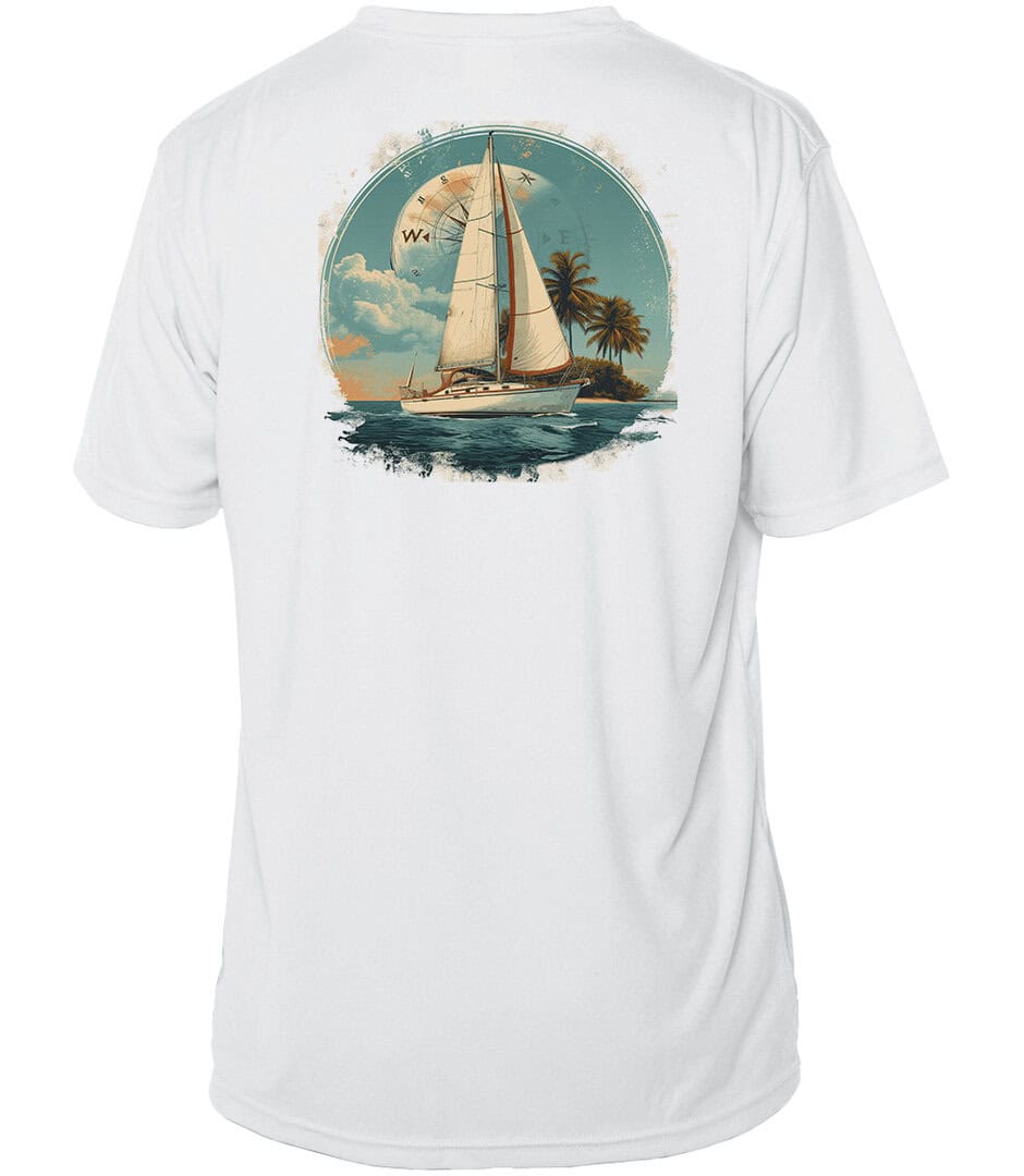 Sunswept sailing shirt with sailboat graphic, perfect for island sailing adventures and sun protecti.