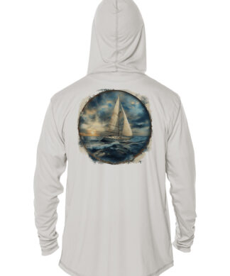 UPF 50+ sailing hoodie with sailboat graphic, perfect for sun protection and sailing adventures.