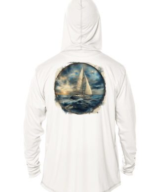 UPF 50+ sailing hoodie with sun and sea graphic on back, perfect for sun protection and sailing adve.