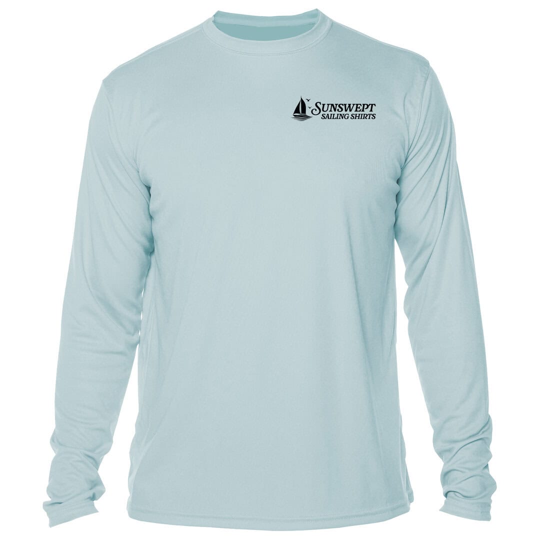 Sunswept Sailing Shirts logo on light blue long sleeve shirt, perfect for sun protection and sailing.