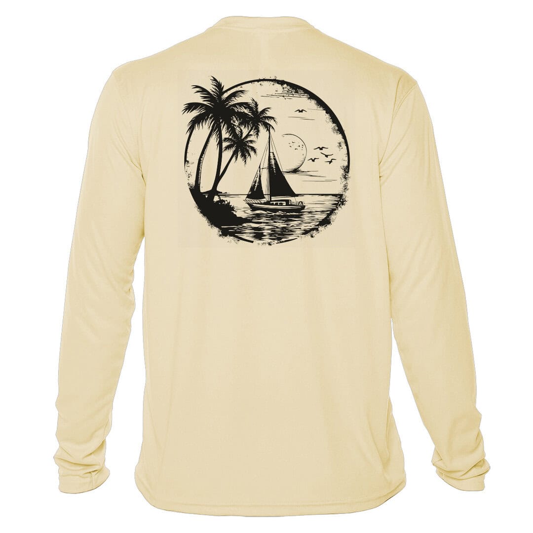 Sun protection sailing shirt with tropical sailboat design, UPF 50+ UV protection, perfect for beach.