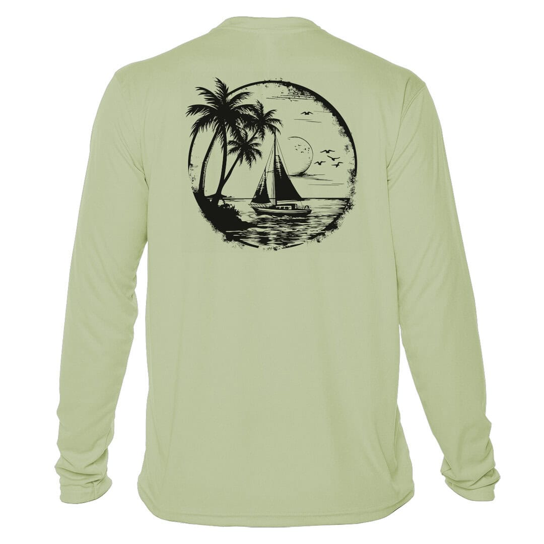 Sunswept sailing shirt with tropical sailboat silhouette, UPF 50+ long sleeve in sage, perfect for s.