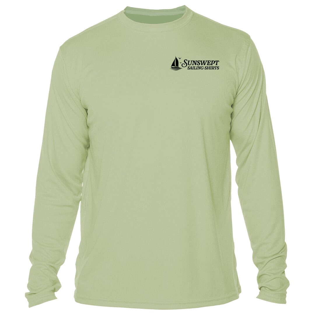 Light green SunSwept sailing shirt with logo, long sleeves, casual style.